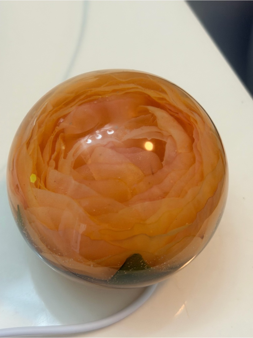 Handmade resin Decorative Orb with Amber Orange peony.